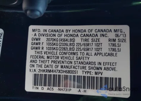 2013 Honda Cr-V Ex-L from USA, damaged, VIN 2HKRM4H7XDH680051